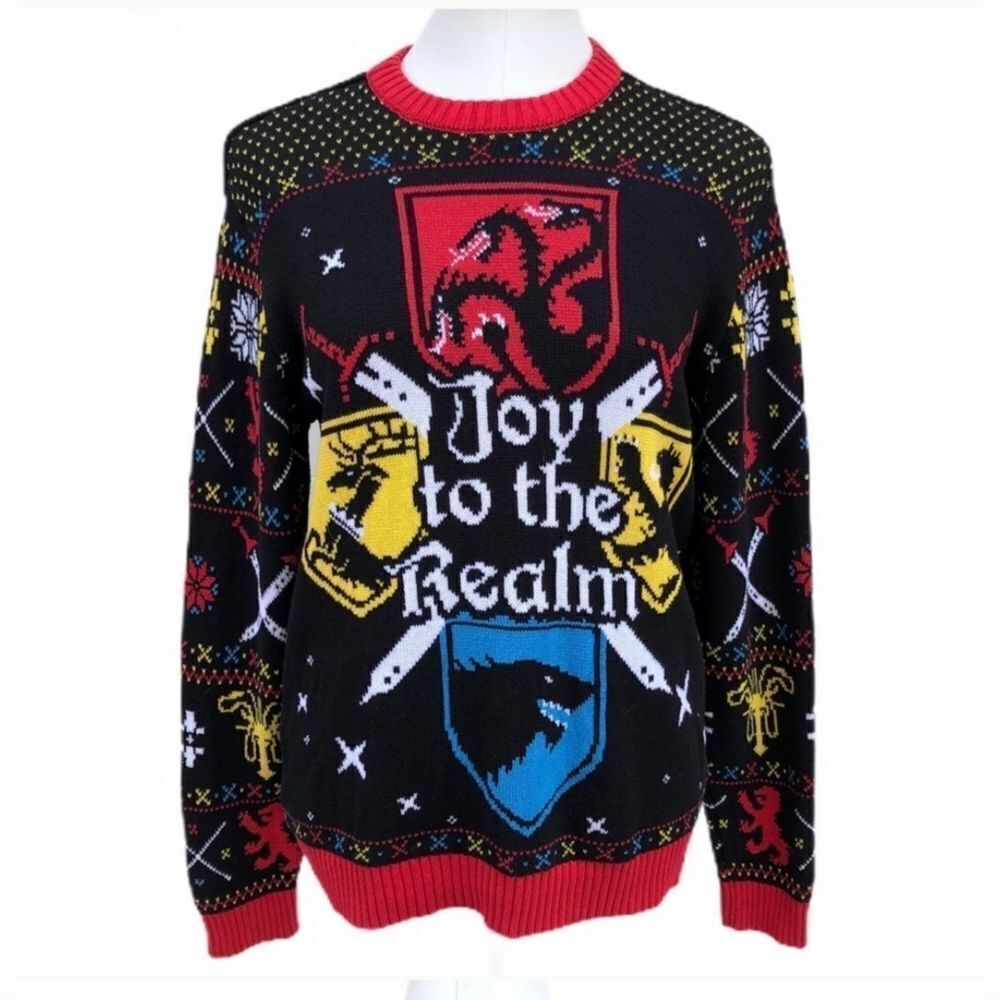 Game of Thrones  Sweater Womens Black Red Holiday Christmas Joy to the Realm MED
